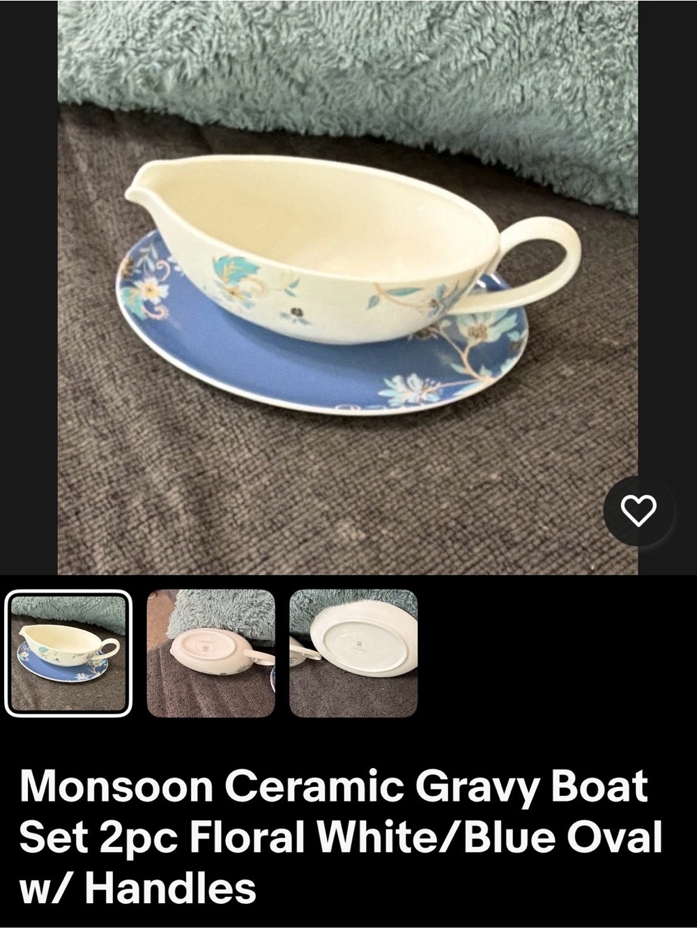 Monsoon Blue & White Floral Gravy Boat with Matching Oval Saucer